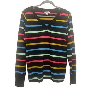 Croft & Barrow‎ Soft V-neck Sweater Black Striped Pullover Size Medium